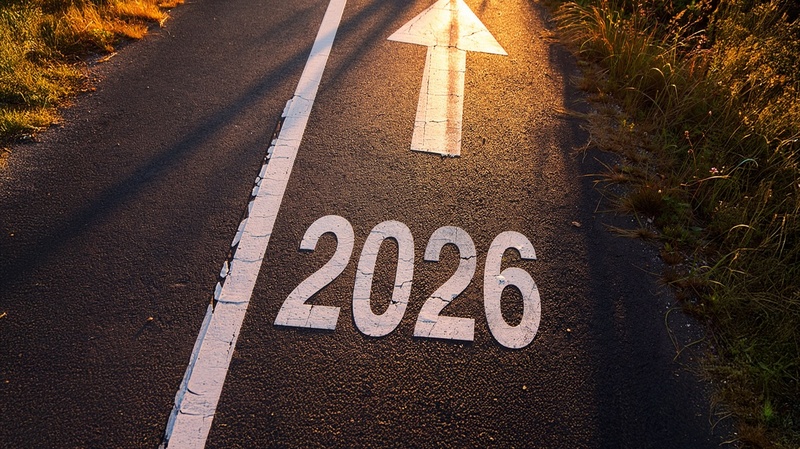 Strasse mit Markierung 2026 auf dem Asphalt