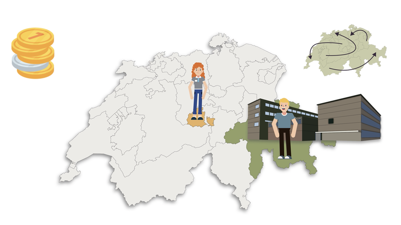 Grafische Karte der Schweiz mit zwei Studierenden, Grafiken von Bildungsinstitutionen und Münzen