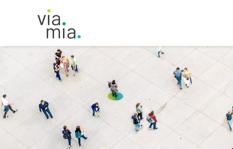 Verschiedene Menschen von oben. Sie sind auf einem Platz und schlendern herum oder stehen in Grüppchen beieinander. Darüber das Logo von "viamia".