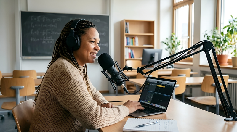 Eine Lehrerin sitzt im Schulzimmer und nimmt einen Podcast auf