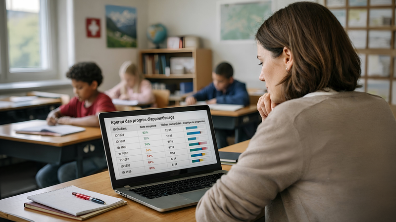 Eine Lehrerin schaut sich auf dem Laptop die digitalisierten Daten an