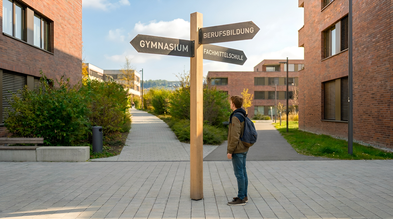 KI-generiertes Bild: ein Junge steht vor einem Wegweiser; die Ziele sind "Gymnasium", "Berufsbildung" und "Fachmittelschule"
