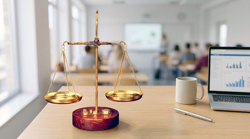 Eine Waage steht auf einem Tisch neben einem Computer und Personen im Hintergrund