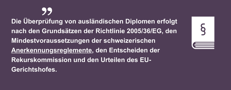 Die Überprüfung von ausländischen Diplomen erfolgt nach den Grundsätzen der Richtlinie 2005/36/EG, den Mindestvoraussetzungen der schweizerischen Anerkennungsreglemente, den Entscheiden der Rekurskommission und den Urteilen des EU-Gerichtshofes.