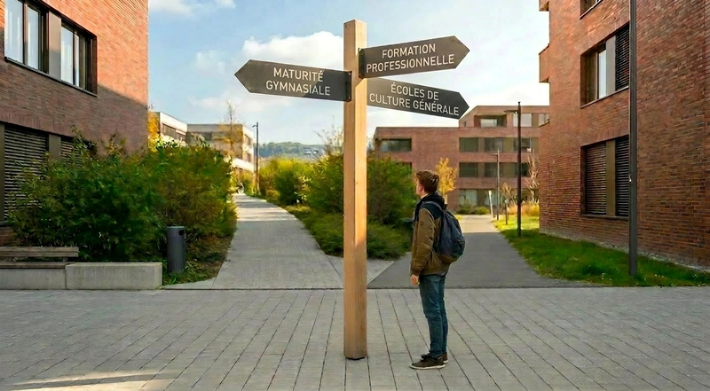 Image générée par l'IA : un garçon se tient devant un panneau indicateur ; les destinations sont « Maturité gymnasiale », « Formation professionnelle » et « École de culture générale ».