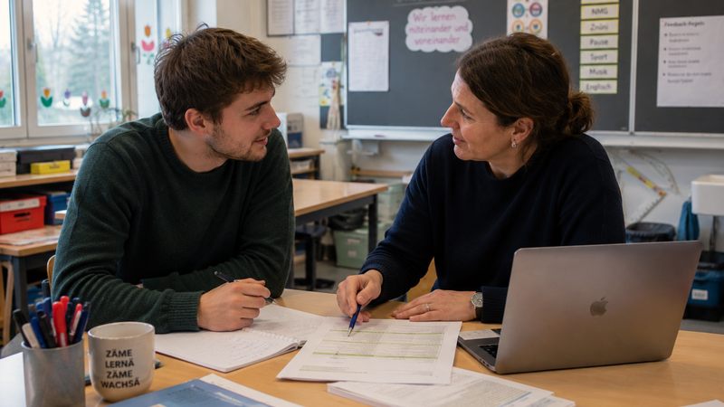 Ein PH-Student bespricht sich im Klassenzimmer mit seiner Betreuerin