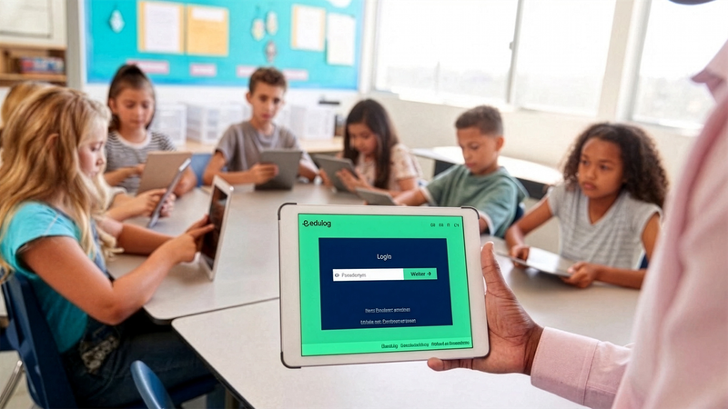 Eine Lehrerin steht mit einem Tablet vor der Klasse, auf dem Tablet ist die Login-Maske von Edulog zu sehen